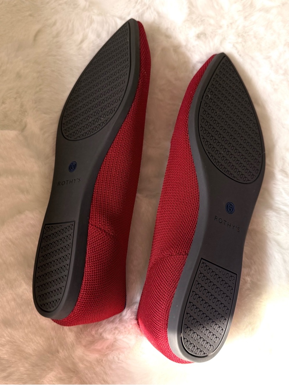 Rothy's Red Pointed Knit Flats with Blue Trim - Picture 3 of 10